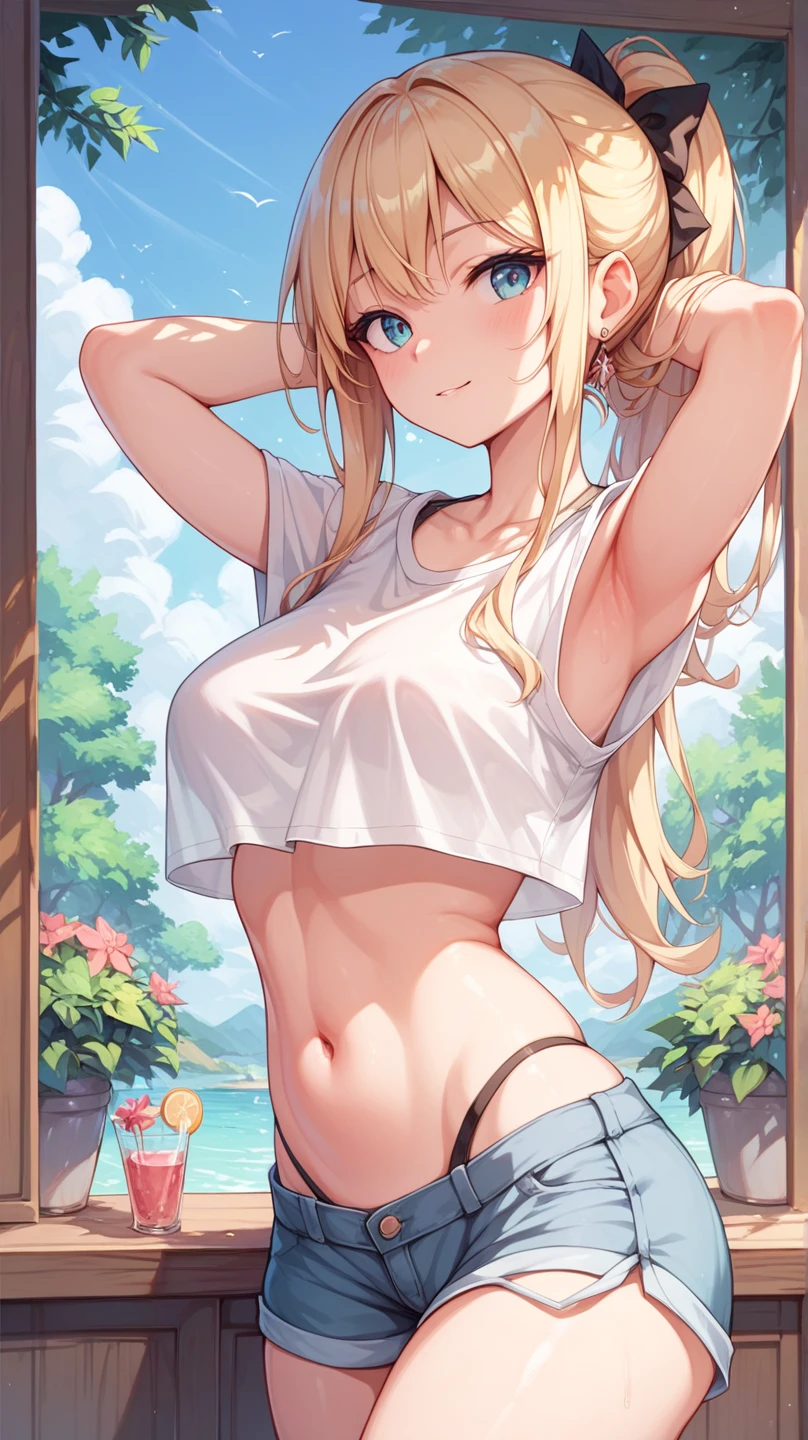 Caucasian woman, blonde hair, wavy hair, long hair, hair with ponytail, olive green eyes, lined eyes, bright eyes, shiny eyes, red lipstick, smile, (toned body), ((athletic body)), (((small breasts))), nipples, ((legs)), (((green top))), ((jean shorts)), earrings, In the countryside, in the background you can see mountains and clouds, ((sunrise)), standing, poses for the camera, frontal shot, ((((Shot from bottom to top)))).