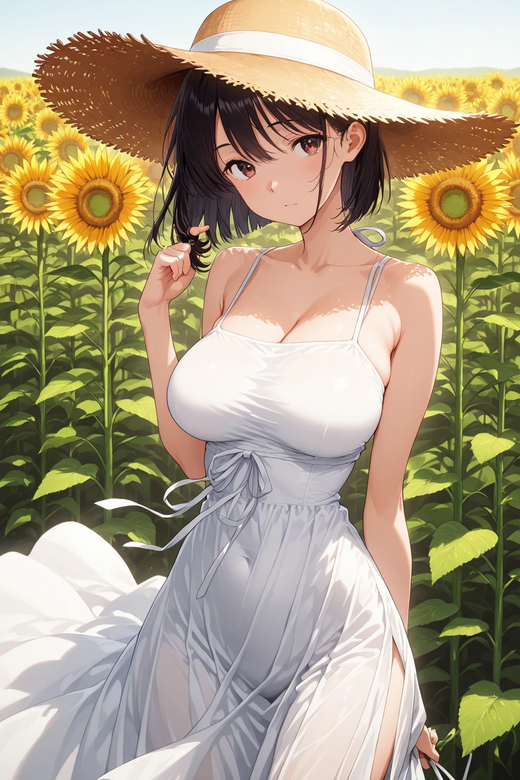 sunny、summer、Sunflower field、White dress、No bra、Large Breasts、shame、Burning cheeks、Embarrassed、Young face、Brown nipples、pubic hair、after the rain、Stained and clingy clothes