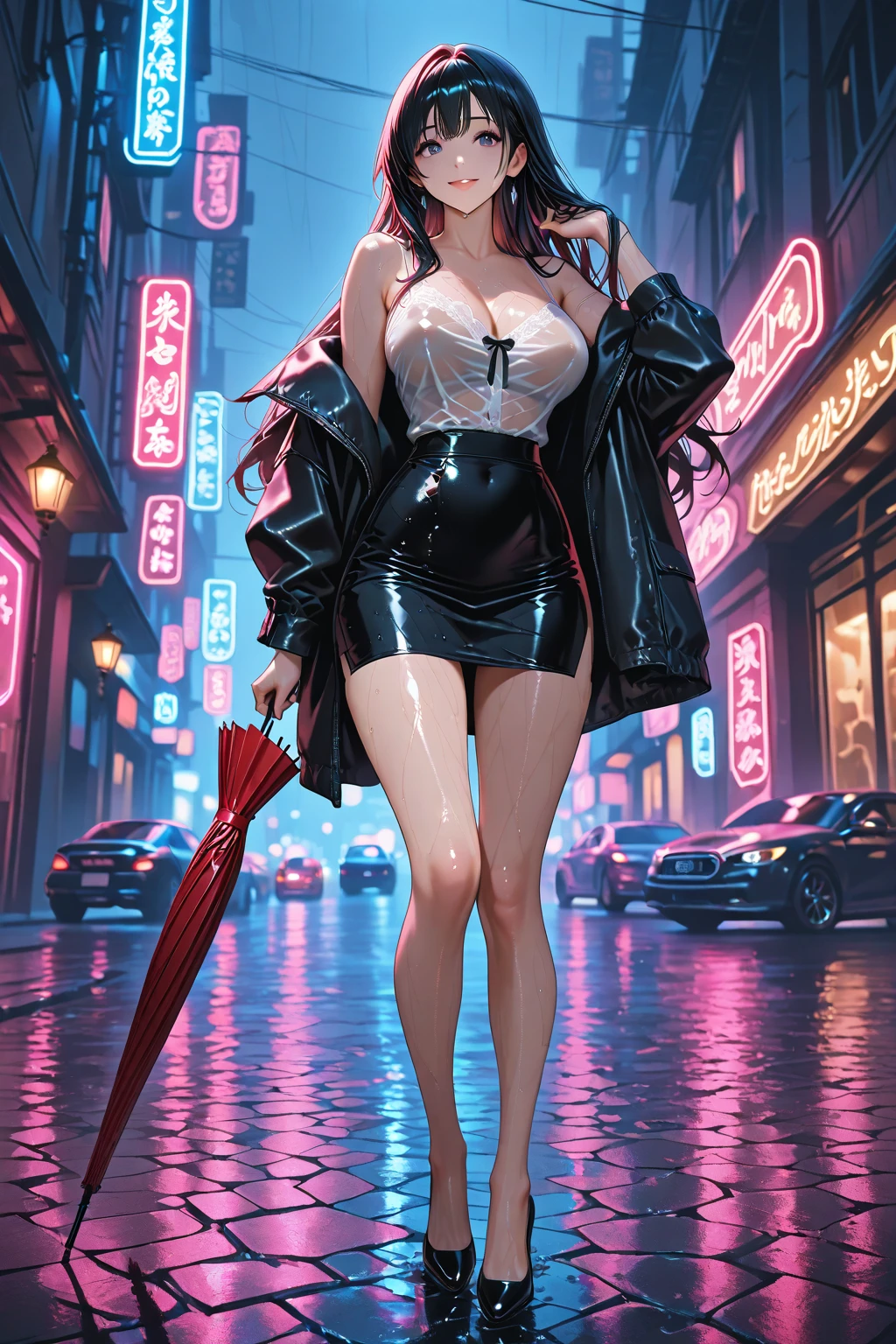 the night,Bustling streets,a beauty girl,Red ,Open the by hand,Obscene flooding,Obscene lines,red high heel pumps,Malu,Nipple rings,black lence stockings