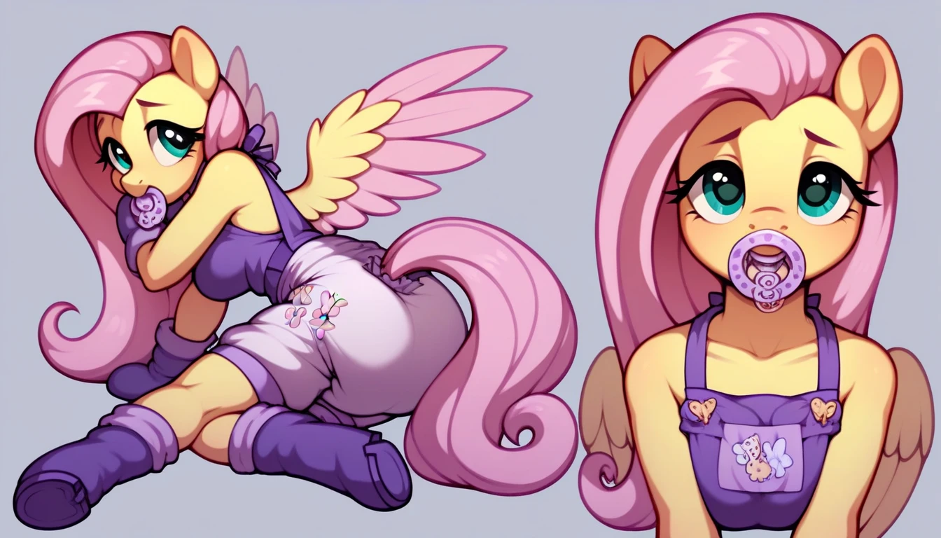 My little pony, anthro, (fluttershy), opened her mouth, and strings of saliva stretched, (white panties pulled down slightly), big breasts, heart collar, earrings, piercing, black eyeshadow, black nails, transexual, (bulge), tattoo on butt, femboy, feminisation, kiss