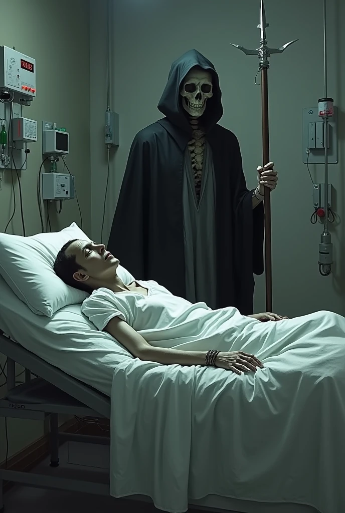 A very serious man, intubated with a ventilator, lying on a bed near a forest at night with stars, where there are 5 souls of people like energy kneeling and looking up at the sky