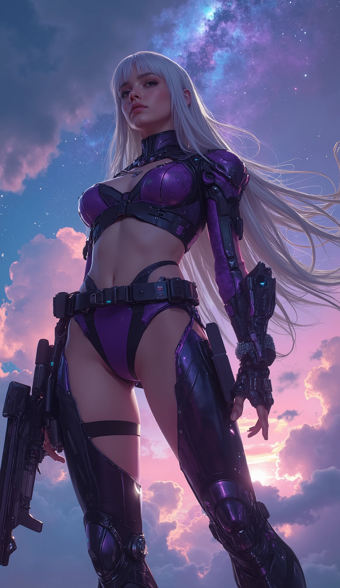 Luciwilde is a sexy cyborg with a entirely electric purple metallic body(obviously mechanical), metal helmet stylized as a fashion model hairdo (no hair visible), and a completely human face. She is flying through space propelled by jets in her feet. She has a guitar with a laser rifle built into it. Full body shot, show all of her, action pose with her weapon, best quality, extreme attention to detail, beautiful face
