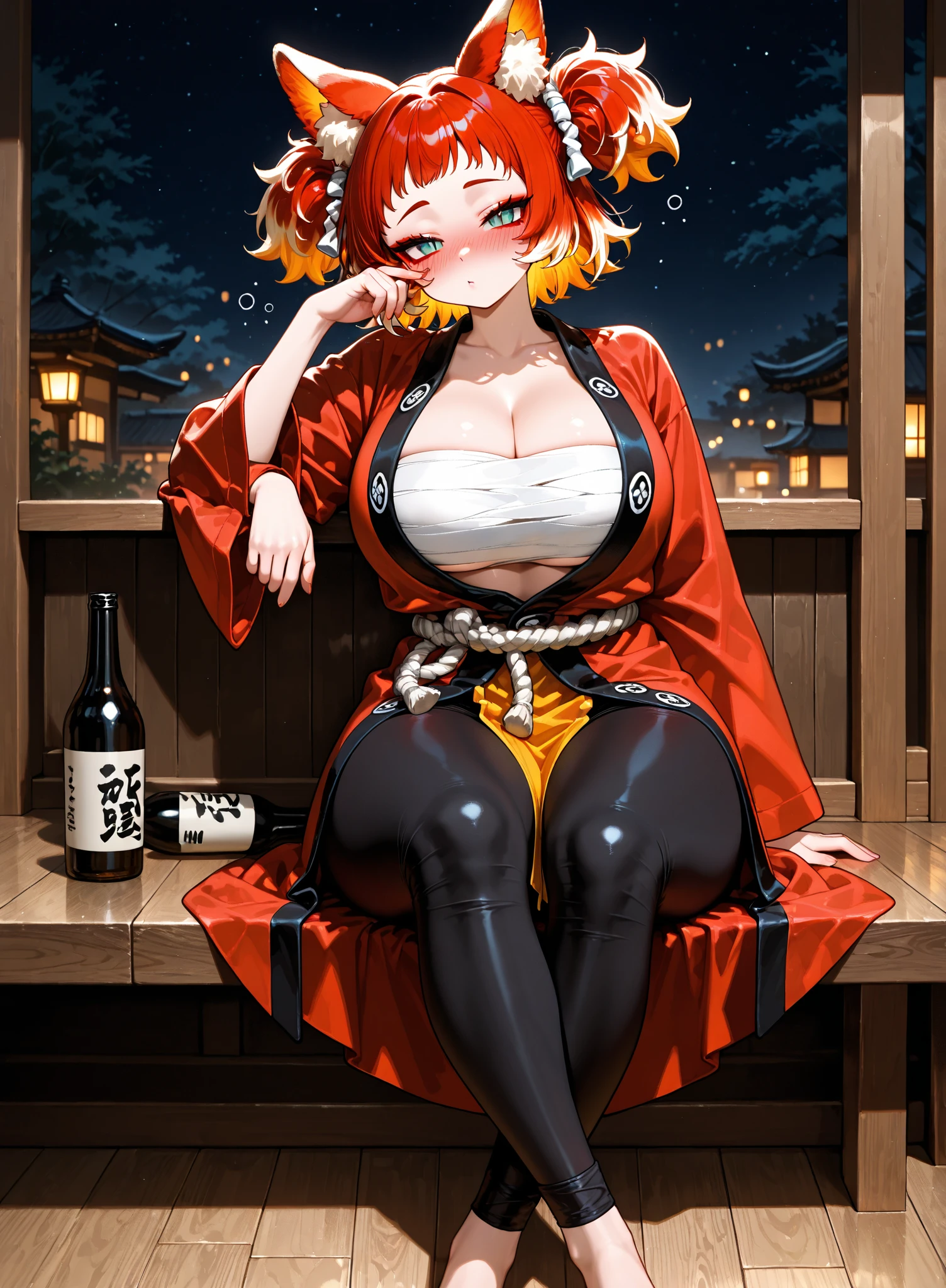 masterpiece, best quality, high resolution, 1girl, orange hair, asymmetrical hair, short hair, hair between eyes,bob cut, side braids, hair ornament, fish hair ornament, tassel, kanzashi, bangs, orange eyes, open mouth, smile, teeth, upper teeth only, choker, red choker, pendant choker, butterfly choker, collarbone, collarbone, tattoo, tattoo on chest, flower tattoo, neckline, medium breasts, thighs, bandages, bandaged leg, sarashi, budget sarashi, sarashi chest, black belt, hadanugi dousa, houkisei, japanese clothes, kimono, kinchaku, obi, obiage, obijime, orange kimono, handbag, printed kimono, rope, sash, shimenawa, short kimono, single bare shoulder, vision (genshin impact), east asian architecture, cherry blossoms, full body, arms behind head,