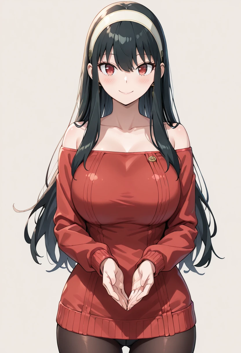 (masterpiece, best quality), solo, 1girl, grin, black hair, white hairband, gold earrings, blush, red sweater, long sleeves, puffy sweater, sidelocks, long sidelocks, large breasts, indoors, [focus], (corneo_yor_forger:1.1)