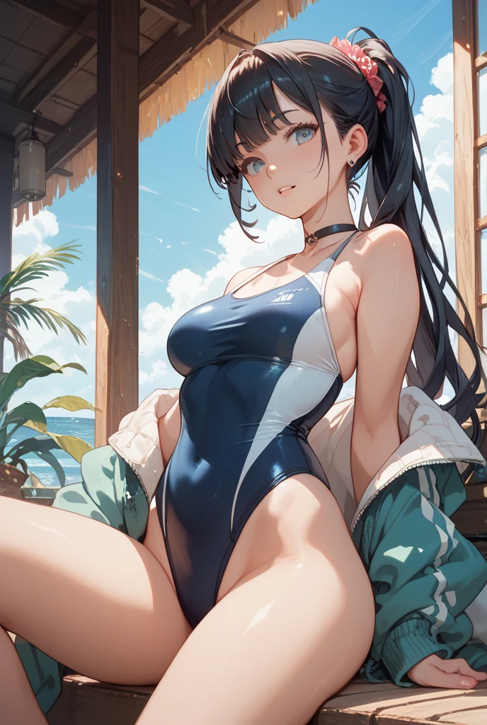 Black silk swimsuit sexy slim real person