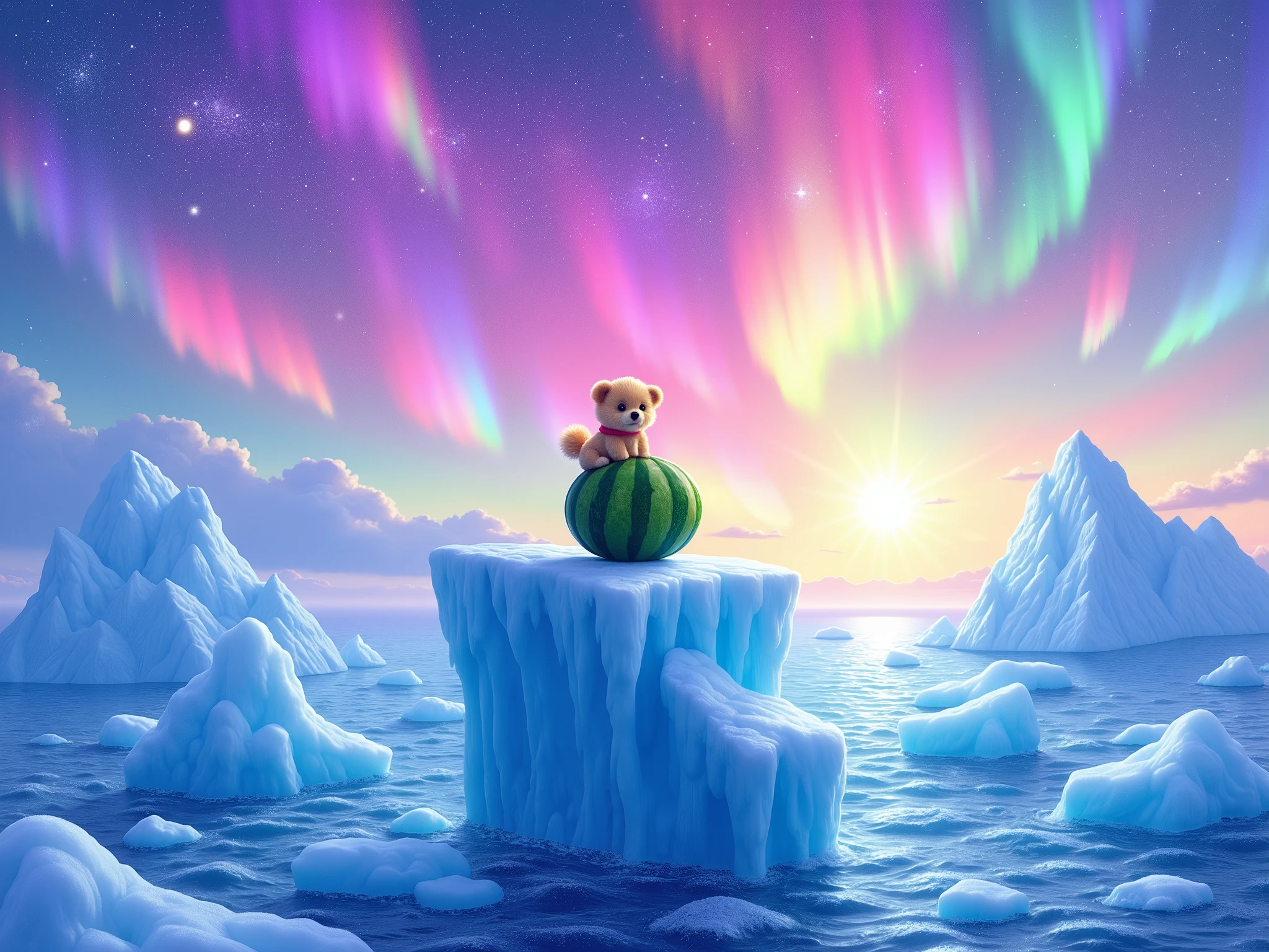 ( top quality、 and high precision、 Masterpiece:1.4)、16K、 original photo 、realistic photo、(( watercolor、painting picture))、realistic photo、 fantasy、dynamic art expression、 absurd、on top of a super large iceberg、The sky is covered by seven brightly colored mystical auroras、riding a very large watermelon on an iceberg cliff、( chibi:7)、a small light brown toy poodle、  fluffy の毛皮、 Detailed jacket 、Blue prism、 very intricate details 、bright and dark contrasting expressions、( Flash、  fluffy 、Bokeh)、 see-through effect 