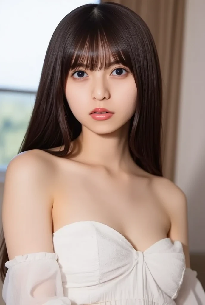 masterpiece, Highest quality, 8K, 20th generation, Big Breasts, cute, alone, sad, cute, girly, Delicate girl, Pure beauty, RAW Photos, Professional photography, Portraiture, Soft Light, Professional Lighting, Backlight, Upper Body, avert your eyes, Sophisticated, Film Grain, (Eye and facial details:1.0), Floating shorthair, beautiful, Flowing Hair, bangs, Loose Camisole、(Big Breasts:1.0)、I can see a little cleavage、dolly make、Heterochromia iridis