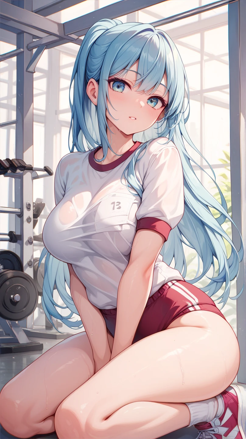 My name is Yukiko.I am a white test woman with long light blue   hair,red eye color.I am 1.62 cm tall . Dressed in a black sports bra and short red sports shorts. With huge breasts 200 cm , 40 cm waist and 200 cm hips 