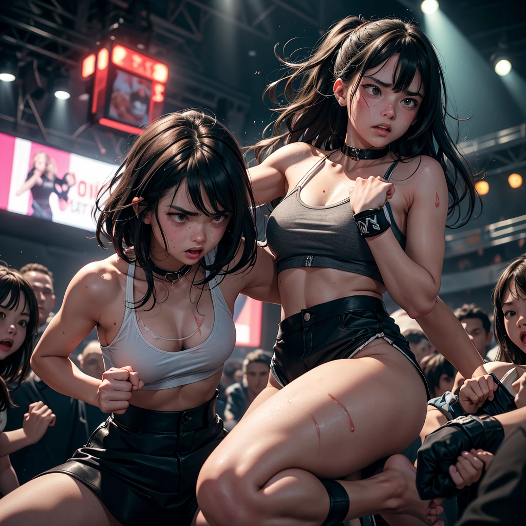 Two men and women facing each other in a street fight。A man is raising his fist at a woman。A female street fighter is crying after being beaten。Covered in bruises。Bloody。shortness of breath。Drooling。Frightened expression。Running out of energy。Sweaty。Short black hair。Open Finger Gloves。Her clothes are ripped and her chest is exposed.。Denim shorts。Erect nipples。One eye closed。Leaning back。A man&#39;s fist hits a woman&#39;s face。