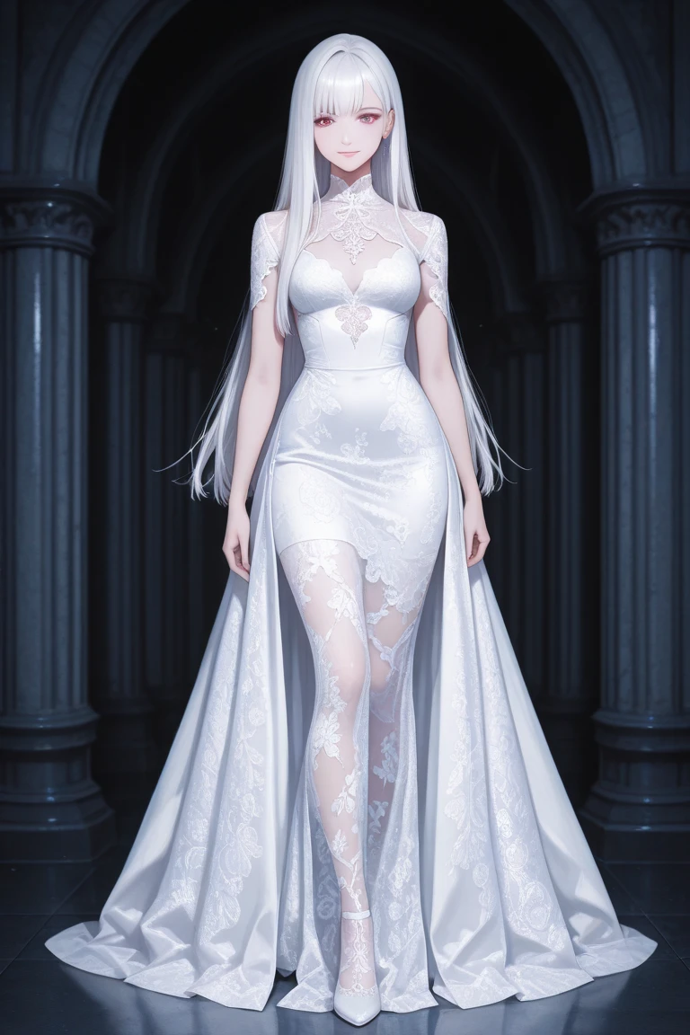 Women's front collarbone silver hair evening dress full body long legs 4K