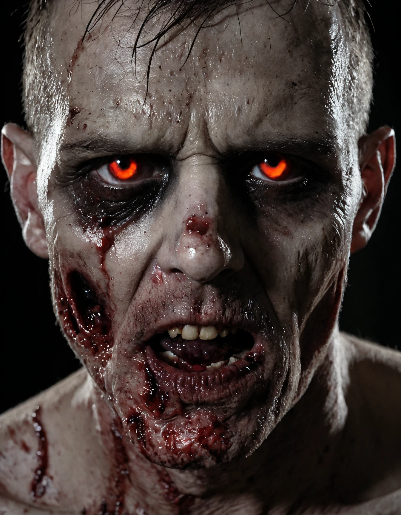maniacal laugh, mouth  wide open, eyes with red light, dark, zombie gray skin, black jersey