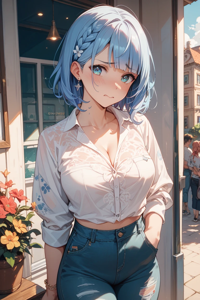 Realistic image, A consistent image, Detailed Images, 1 beautiful girl. She has short light blue hair that reaches her shoulders.、The bangs reach down to the eyebrows。. On top of the bangs, Yura is wearing a black headband and a hairpin on her left side.。. purplish yellow eyes, Long eyelashes. Her face is oval and delicate.. Smile seductively. ((A shirt that exposes a large chest)), Jeans Shorts, Thigh-length stockings. She has a curvaceous figure, Medium bust and thick thighs. Surrounded by European shops, Petals falling. Natural light in front, Volumetric lighting