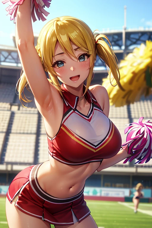 A blonde, mature cheerleader in a leotard, bouncing around in white boots at the stadium.
