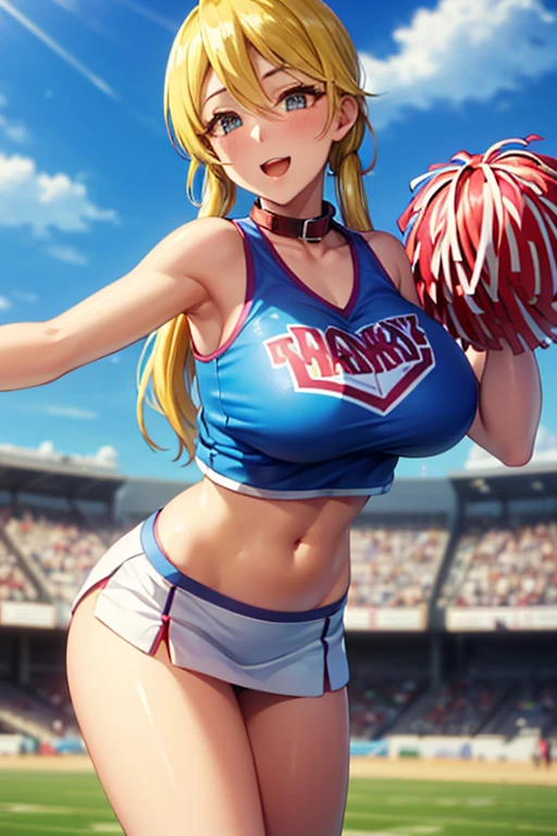 Rabbit girl High school cheerleader, solo, female, blonde hair, blue eyes, smiling, big breasts, cleavage, slim, small waist, small hips, european city, brick road, hands behind back, happy, looking at viewer, high quality