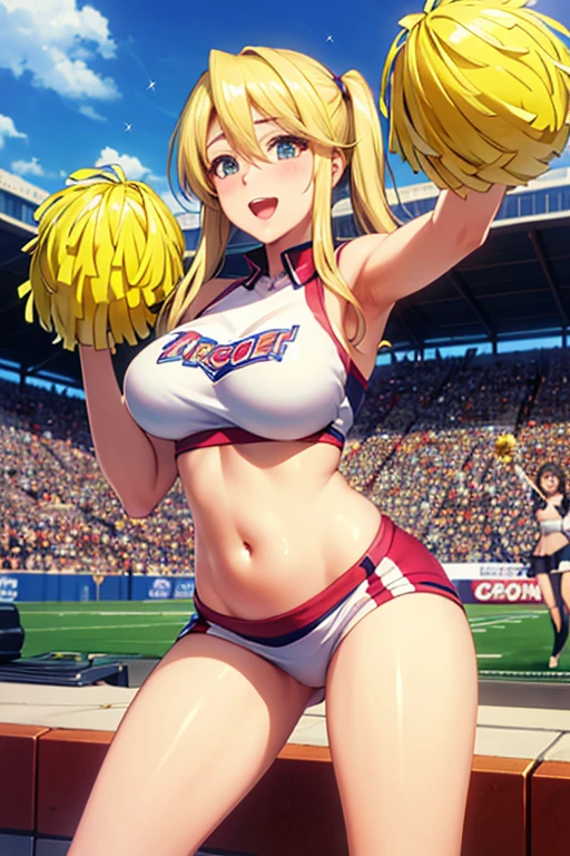 A blonde, mature cheerleader in a leotard, bouncing around in white boots at the stadium.