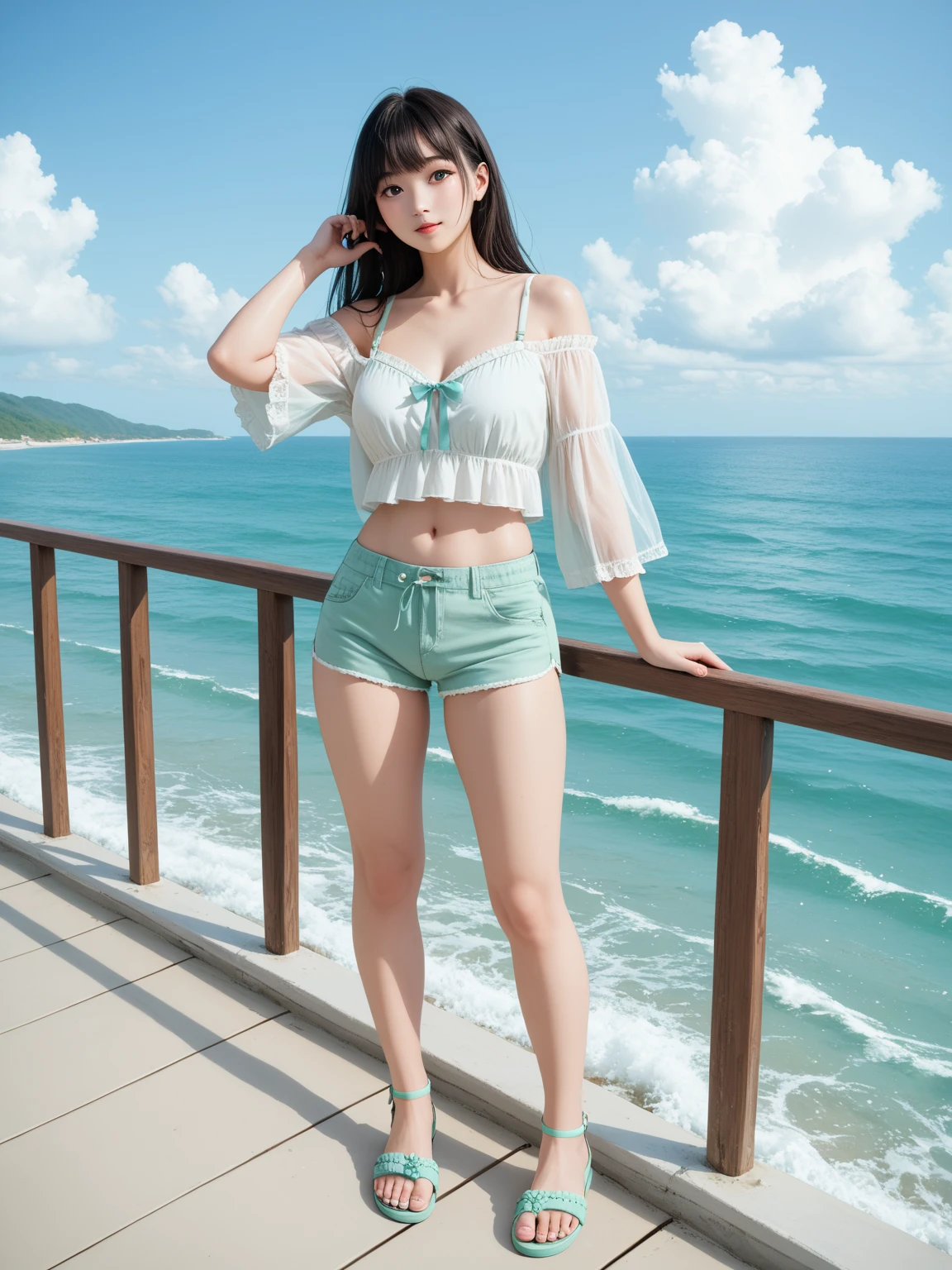 Beautiful woman on a beautiful sea background, Wearing a see-through cardigan over a shirt,