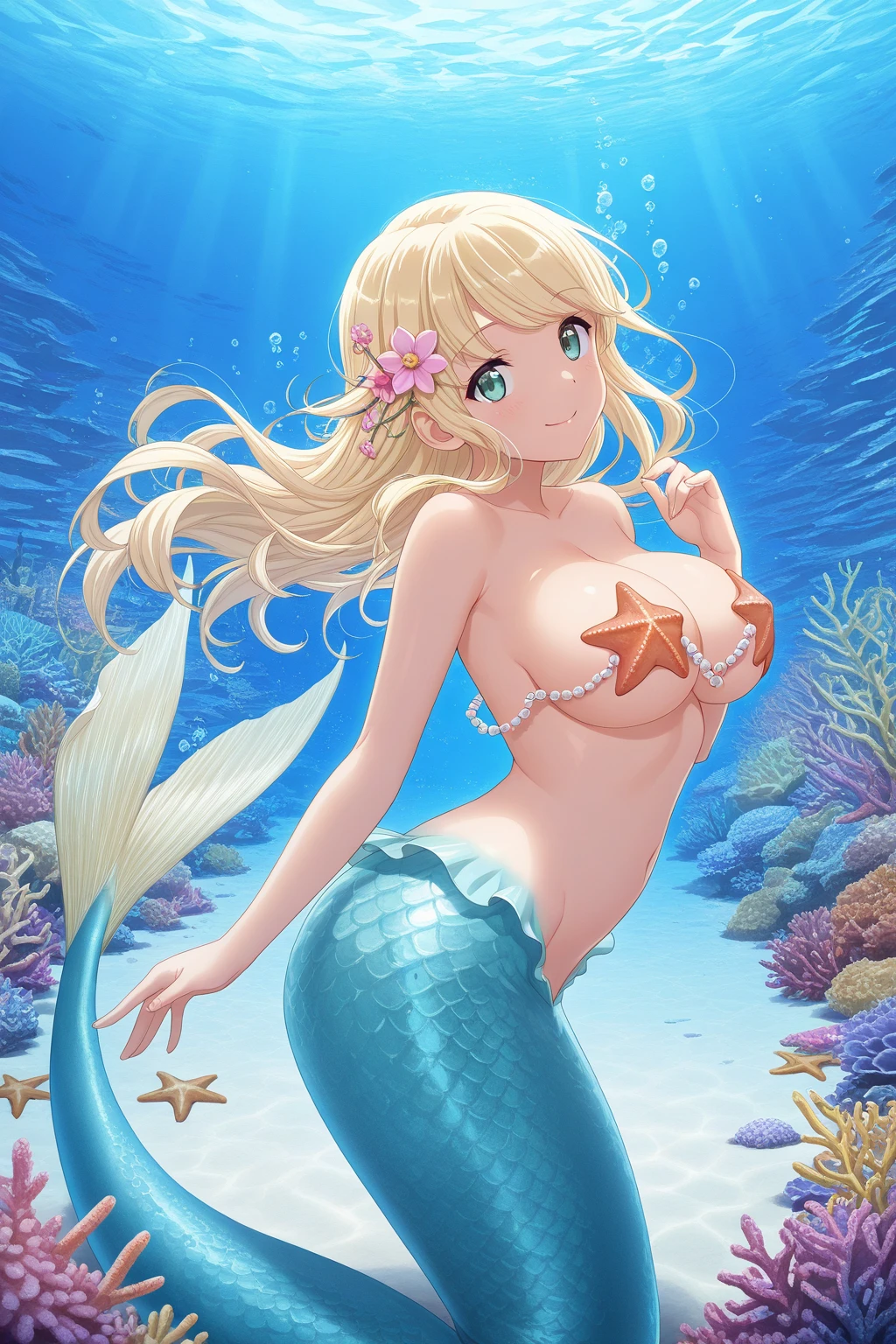 (kinako_(shiratama_mochi) style, mermaid, ((topless)), nsfw, masterpiece, underwater, coral reefs, schooling fish, 1 girl, erect nipples, intricately detailed, navel, bare shoulders, blonde hair, pearl necklace, fin hair ornaments, under sea, extremely detailed, bare breasts, puffy nipples, blue eyes, bare stomach, soaked, medium breasts, arm strap, swimming, teen, soft eyes, smiling, armpit, happy, half open eyes, lusty eyes, blushing, long hair, side bangs