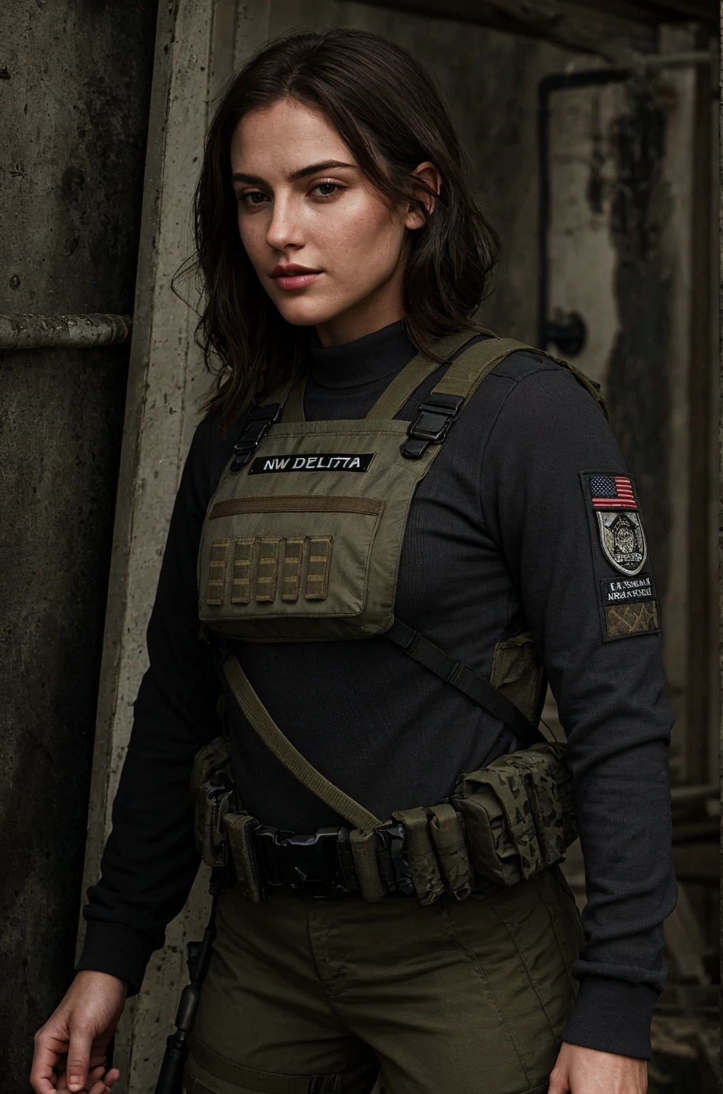 Gemma Arterton, black long sleeve shirt, brown tactical pants, hair tied up, beautiful detailed eyes, beautiful detailed lips, extremely detailed face, longeyelashes, serious expression, military style, outdoor setting, dramatic lighting, (best quality,4k,8k,highres,masterpiece:1.2),ultra-detailed,(realistic,photorealistic,photo-realistic:1.37),cinematic,military aesthetic,dramatic colors,chiaroscuro lighting