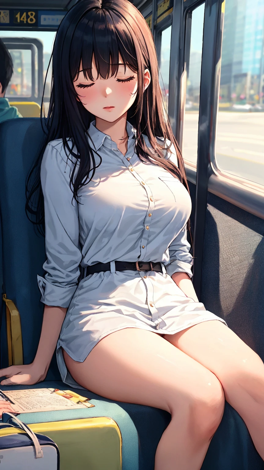 highly detailed, extremely detailed CG unity 8k wallpaper, illustration, highres, absurdres, highly detail, 8K, 1girl sit on the chair in the train, in skirt, open legs, show panties, nsfw, drop、A dark-haired、poneyTail、Officelady、Sheer underwear、perspiring、My skin is wet and water is dripping、The color of the bra is see-through、Pants dig into the crotch、tight skirts、tucking up the skirt、Sexy lingerie、Gutter Belt、garter stocking、Rimless glasses、adult lady、White shirt