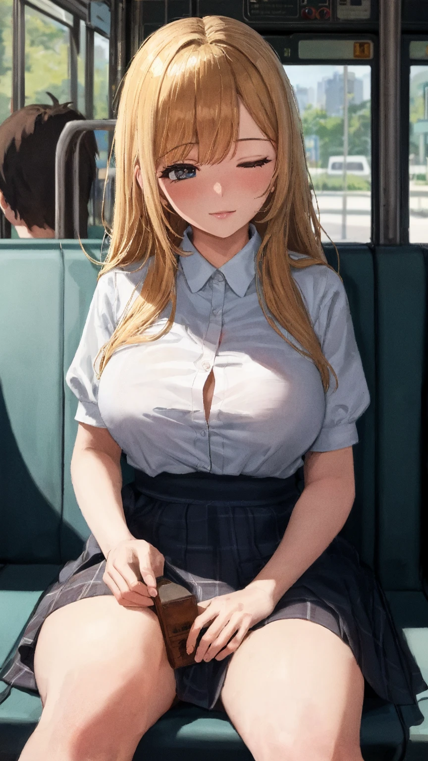 Yellow hair、Colossal tits、angry looking face、White cardigan、Gingham Check Beige pleated skirt、white fishnet socks loafers、A slender、Put your hands on the desk Sticking out the buttocks、office