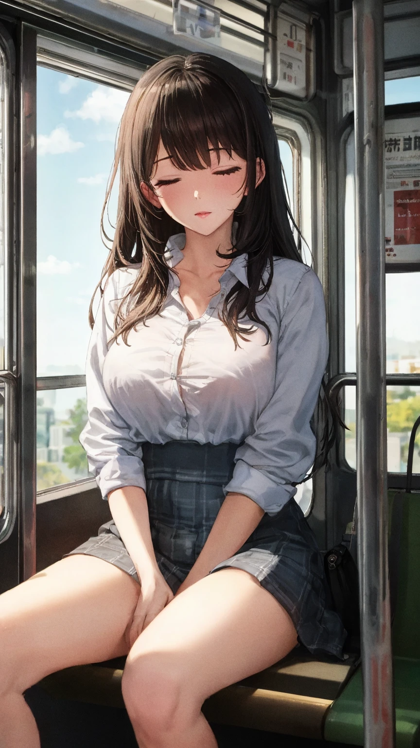 beautiful detailed illustration,amazing art,(((Extremely detailed))),
sitting 1girl,bangs,female high-school student,sleeping,Closed eyes,WHITE panties,skirt,
cowboy shot,from FRONT
,(((Extremely detailed))),On the train, a young woman is sleeping contentedly. Through the gap between her legs and skirt, her panties can be seen. As the vehicle rocks, her peaceful expression and gentle breathing create a calming atmosphere
,(((Extremely detailed)))