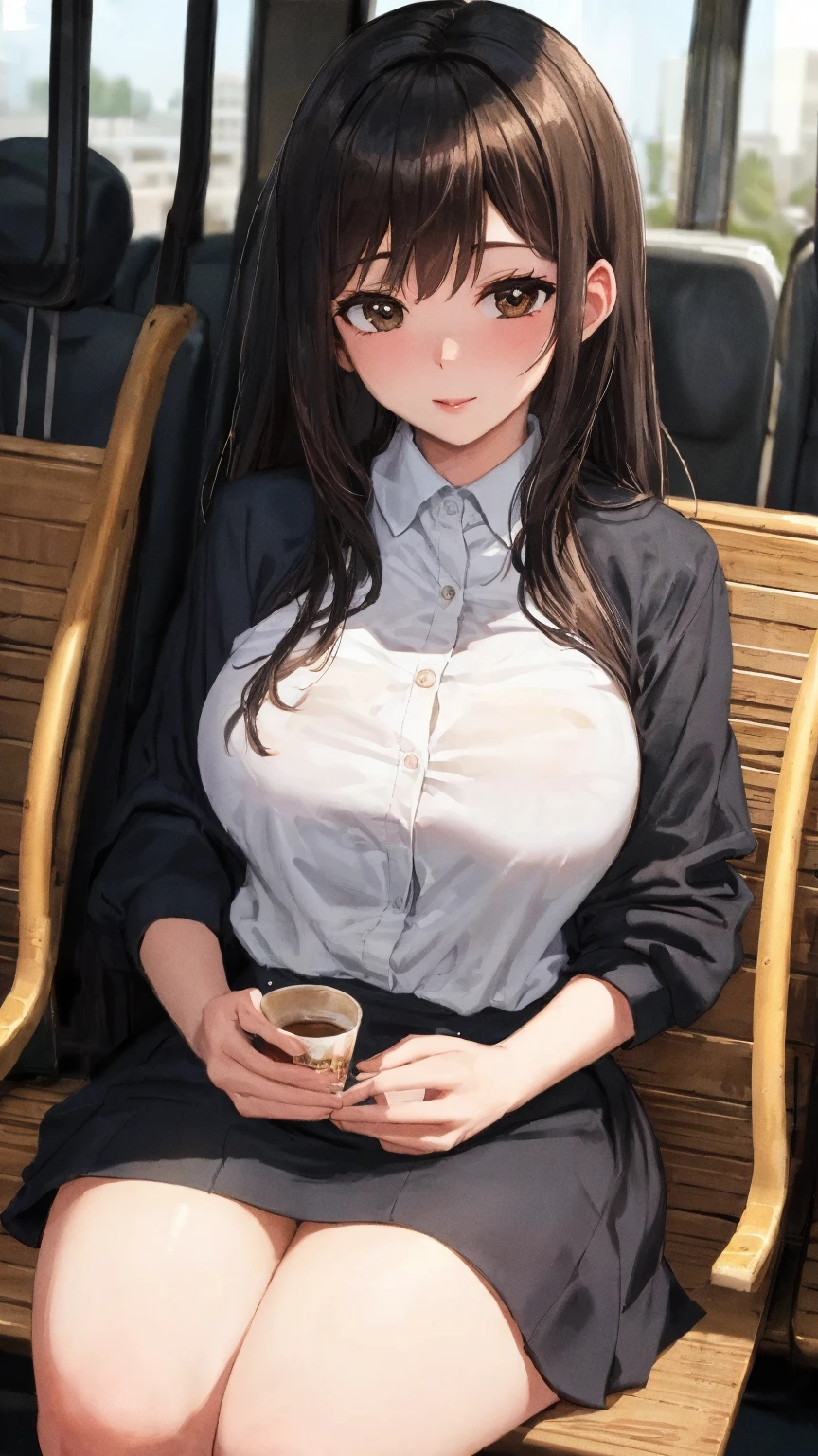 score_9, score_8_up, score_7_up, 1girl, solo, large breasts, looking at viewer, holding coffee mug, morning, coffee, black hair, purple eyes, blunt bangs, lying, on back,