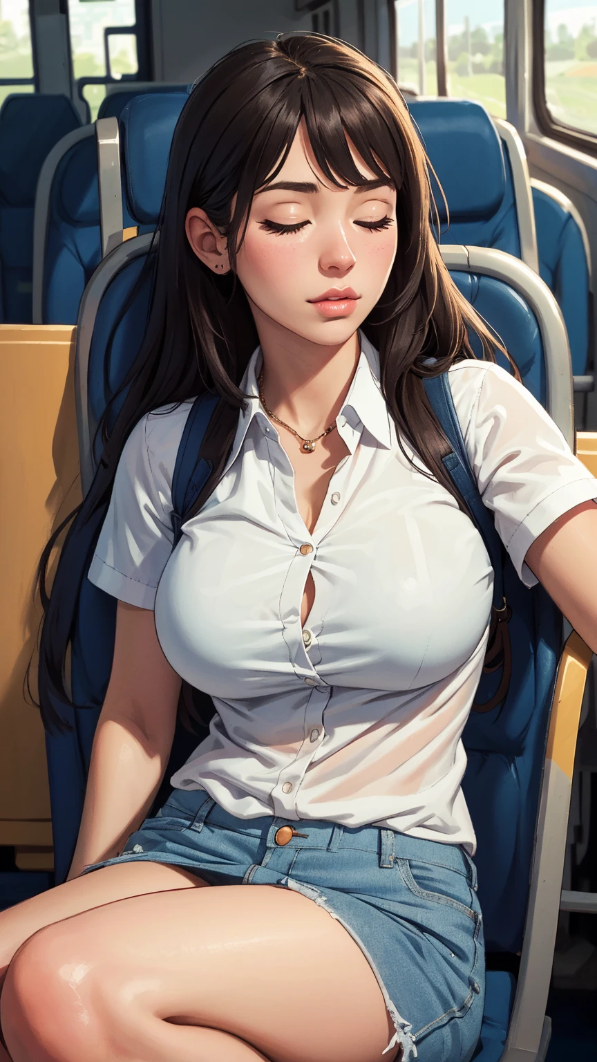 1 beautiful woman, large body, 30-year-old girl, eyes closed, necklace, very fair skin, glasses, messy brown hair, eyelids made up, eyelids outlined with makeup, dark green top, white jeans, WHITE JACKET over polo shirt, boots, green cafarena, large cream handbag, asleep with her mouth open, asleep stretched out on the bus seat, hands in her lap, her mouth wide open, nodding.
