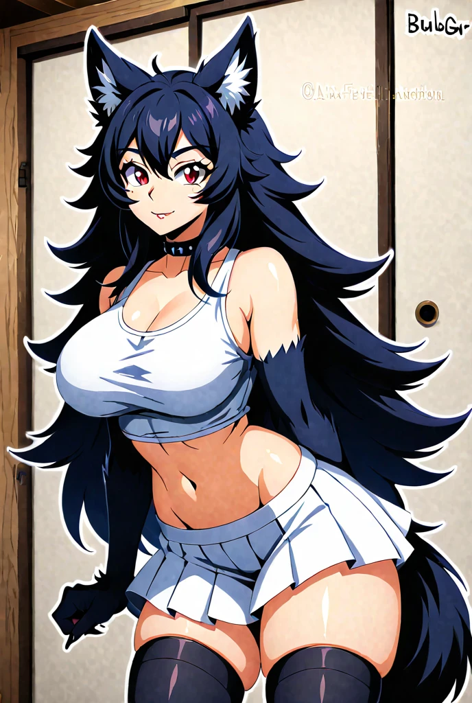 JAHY, SOLO, LONG HAIR, BRAID, HAIR FLAPS, VERY LONG HAIR, SINGLE BRAID, HAIR BETWEEN EYES, NAVEL, BARE SHOULDERS, O-RING, SHORTS, SHIRT, LARGE BREASTS, SHORT SHORTS, 1girl, solo, upper body, facing viewer, (looking at viewer:1.5), in the center, smile, smug