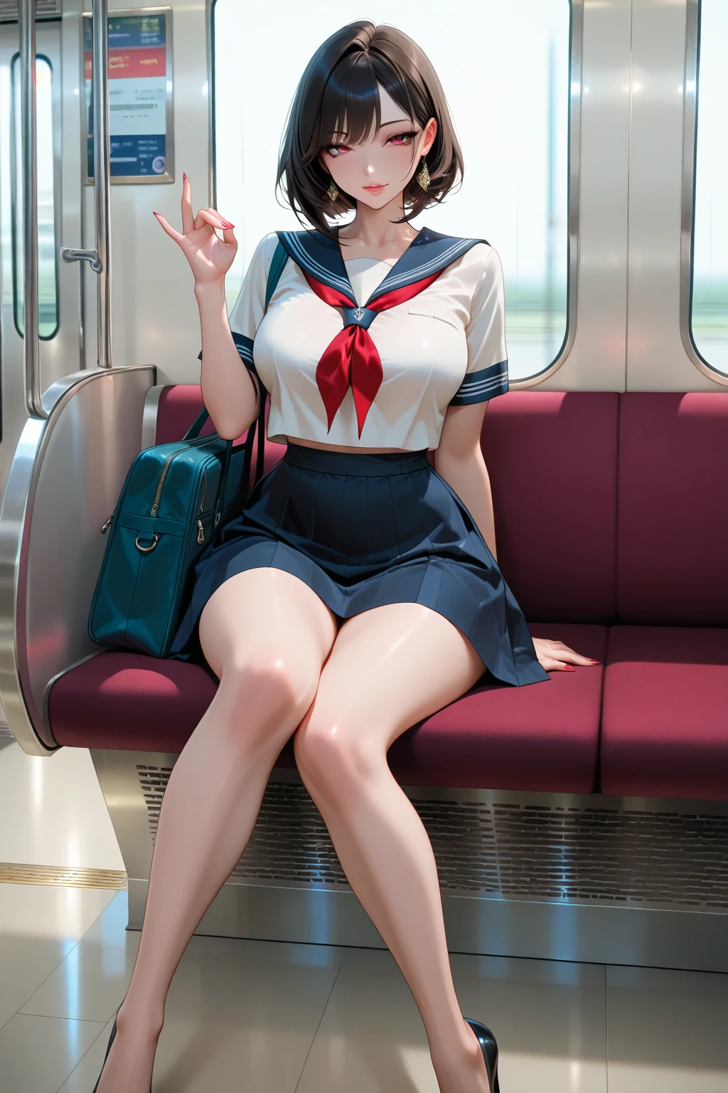 1 beautiful woman, ((sleep in the crowded bus)), closed eyes, pink underboob, beautiful face, seductive, a lot of makeup, (short wavy red hair, bob cut), wet underboob, high heels, (red mini skirt).