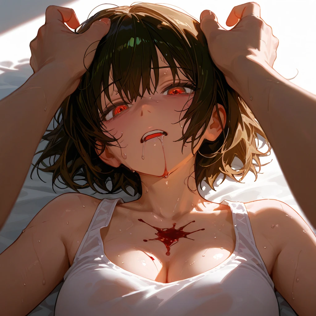 Masterpiece, 1 girl, solo, light smile, big, lower breasts, cleavage, heart pupils, opening, long hair, super long hair, forest, (hand to mouth: 1.3), hands on one's face, one girl, crotch, big, navel, nude, (masterpiece, top quality), horizontal lightning, fine and beautiful eyes, angry face, madness, open mouth, scream, rough-faced, blush, sweat, mask, 1 girl, big, indoors, bedroom, hands on chest, mask, big, whip