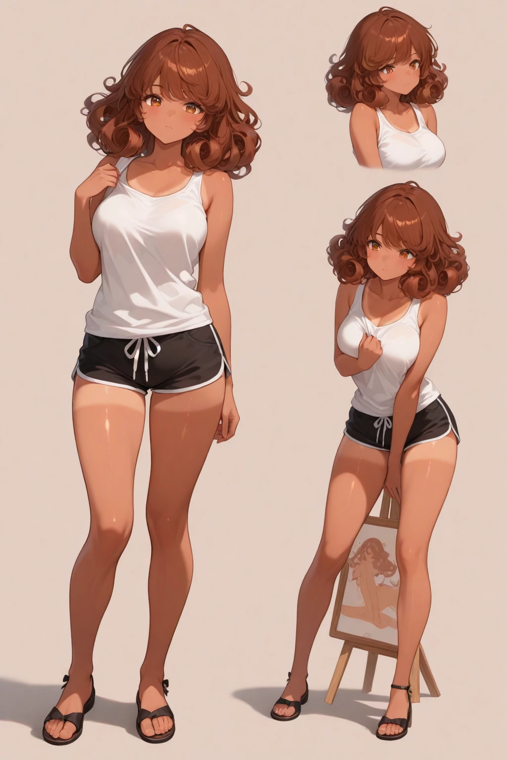 (High definition) (masterpiece), (tanned skin), Young elf girl, wide hips, small breasts, slender body, big thighs, beautiful legs, medium orange hair, green eyes, wearing black bikini top, white jeans shorts, with ponytail, cute pose, shy smile, full body in frame