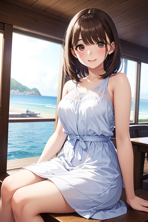 ((masterpiece, Highest quality, High resolution, 超High resolution, Pixel perfect, Written boundary depth, 4K, RTTX 10.0, High resolution))), 1 person, single, alone, Beautiful Anime, Beautiful art style, Anime characters, ((Shortcuts, bangs, Dark brown hair)), ((Green Eyes:1.4, Round eyes, Beautiful eyelashes, current eyes)), ((Smooth texture:0.75, Anime CG style)), ((Dynamic Angle, close)), Perfect body, (cute), Normal chest, whole body, ((4K, 8k, Highest quality, Perfect Fingers: 1.3, Perfect ???????: 1.3, Background Blur)), whole bodyアングル, An illustration of someone at a restaurant with a view of the sea., The character is dressed in a refreshing summer outfit, Sitting in the window seat, She gazes at the beautiful sea stretching out beyond the window, Enjoying a meal with a relaxed expression, Delicious food and drinks are lined up on the table, The blue sea and sky spread out in the background., Gentle waves are lapping at the shore