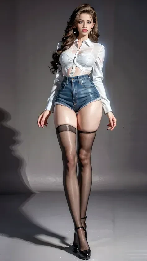 (masterpiece, best quality, Realistically, Work, Super detailed, 8k), ((Wide-angle lens, Full body female)), 1 girl,Light makeup,Exquisite facial features,Smile,Exquisite hairstyle, Long hair,Large Breasts,Correct finger structure,Work clothes,Lace shirt,Low rise denim shorts,Hip-hop style,fWorknet tights,Light brown hair, Hair behind the ears, Pompadour hairstyle, curls, Medium Long hair, Heart Earrings, Front standing posture,Full body portrait,Gray background