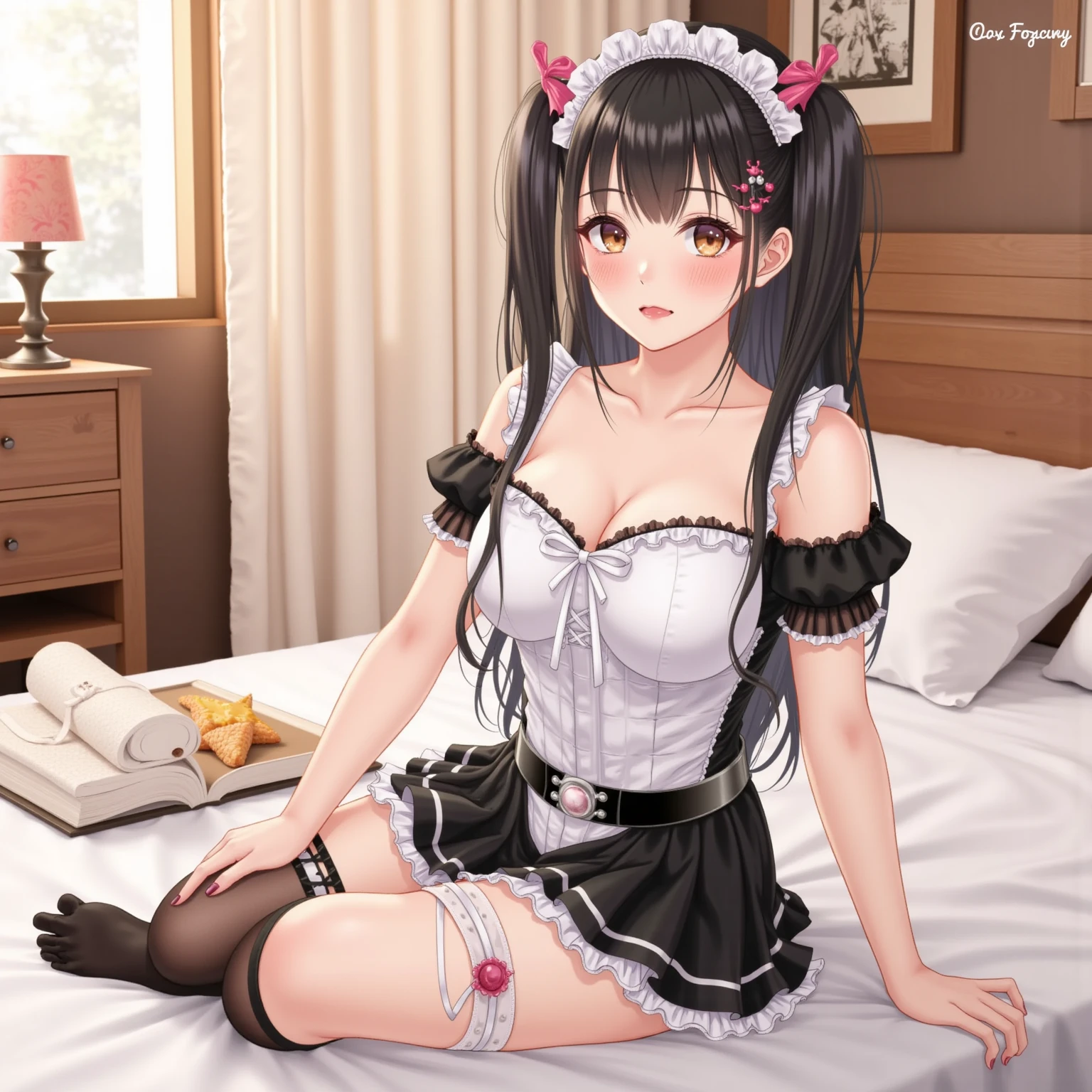 A girl,Sitting on the bed,There are a lot of stuffed animals,twintails,Long hair,Black Hair,((transparent)),Towering breasts,Lolita skirt,Sexy Lingerie,Flowing fabric,Slim waist,Showing belly,Smooth legs,blush,