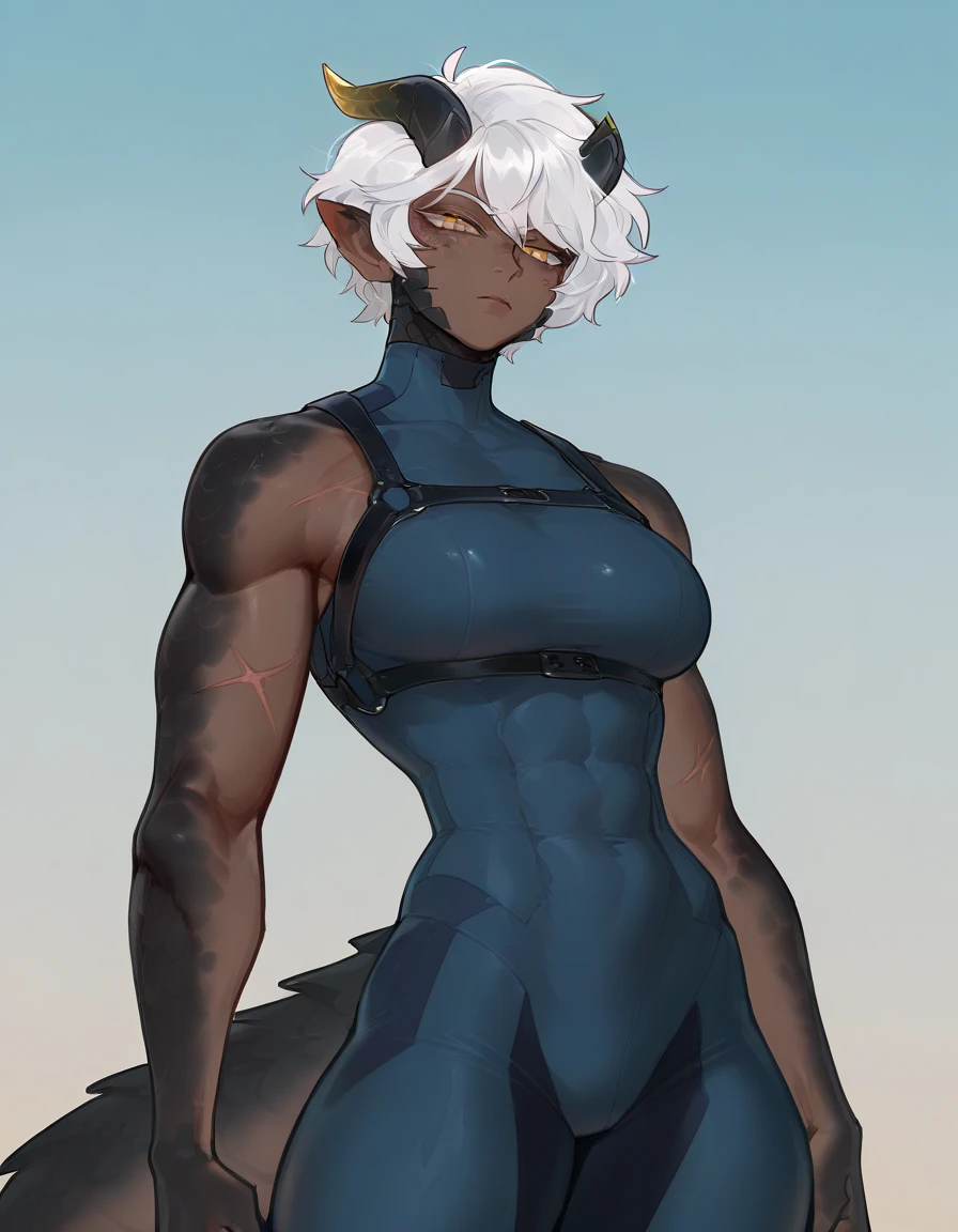 {4k image}, 1 Beautiful female humanoids, gray skin, pointed ear, pixie hair, red eyes,fit athletic build,black and white bodycon jumpsuit, high-tech armor, dimple,,manga lineart (with colors), {face view}, {centered image}, she is embarrassed ,She masturbes