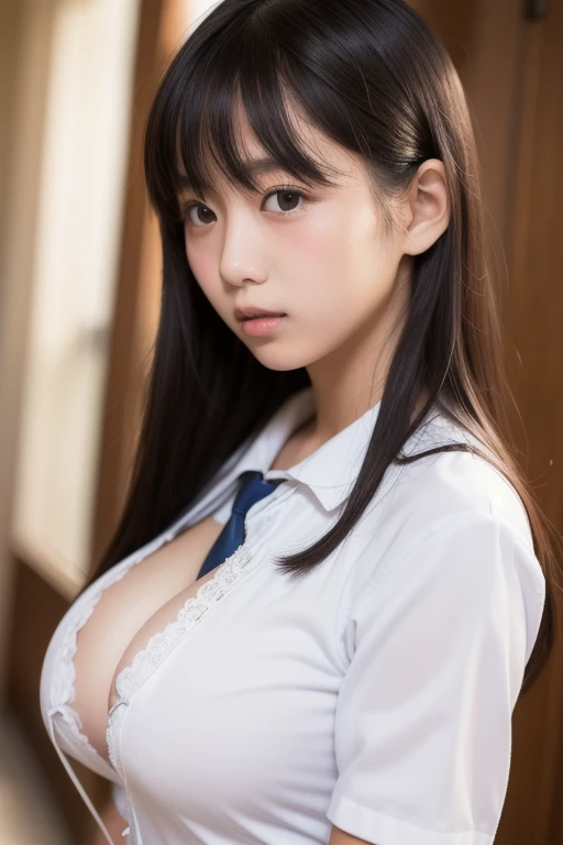(Highest quality、Tabletop、、Best image quality、Award-winning works)、Extremely cute and lewd high school girl、White polyester collared shirt ripped because her breasts were too big、Short sleeve:1.4)、(Navy Pleated Skirt:1.1)、Girl portrait photography、Glowing Skin、Brown Hair、Are standing、Look at the audience with a big smile on your face、Sculpture Pose、(Music room background:1.45)、(Very obscene and huge breasts bigger than her face:1.95)、Accentuate your body lines:1.15)、Very large red ribbon tie、Very long hair:1.75、((Sex is about to begin:1.85))
