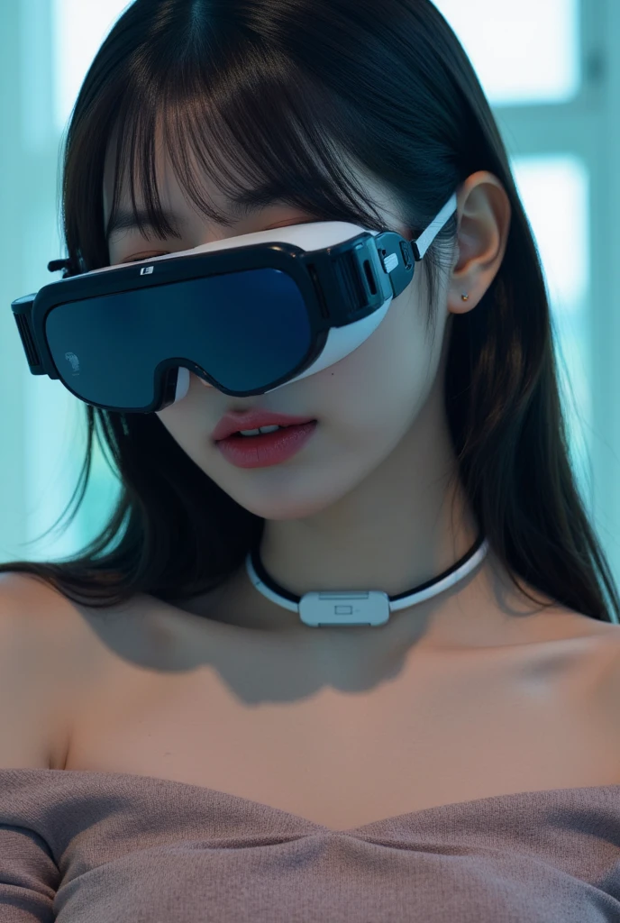 <lora:vision_pro_v2:1>, wearing VR glasses, wearing vision pro, ulzzang-6500-v1.1, pureerosface_v1, best quality, masterpiece, illustration, (realistic, photo-realistic:1.37), amazing, finely detail, incredibly absurdres, huge filesize, ultra-detailed, highres, extremely detailed CG unity 8k wallpaper, beautiful detailed girl, extremely detailed eyes and face, beautiful detailed eyes, ray tracing, heavy breathing, blush, torogao, orgasm, embarrassed, drunk, fucked silly, naughty face, nude, nsfw, 1girl, korean young girl, The young Korean girl is seductively sprawled on the bed, wearing her sleek and fashionable Apple Vision Pro glasses. Her expression is one of pure delight as she explores a virtual reality world that transcends conventional boundaries. The glasses enhance her senses, immersing her in a realm of limitless pleasure and uninhibited desire. With each swipe and gesture, she controls the digital universe around her, shaping it to suit her wildest fantasies. The room radiates an electric energy, charged with the fusion of technology and sensuality. As she leans back, her body exudes a magnetic allure, drawing viewers into a provocative journey where the boundaries between reality and the virtual realm blur in an intoxicating blend of ecstasy and fulfillment.