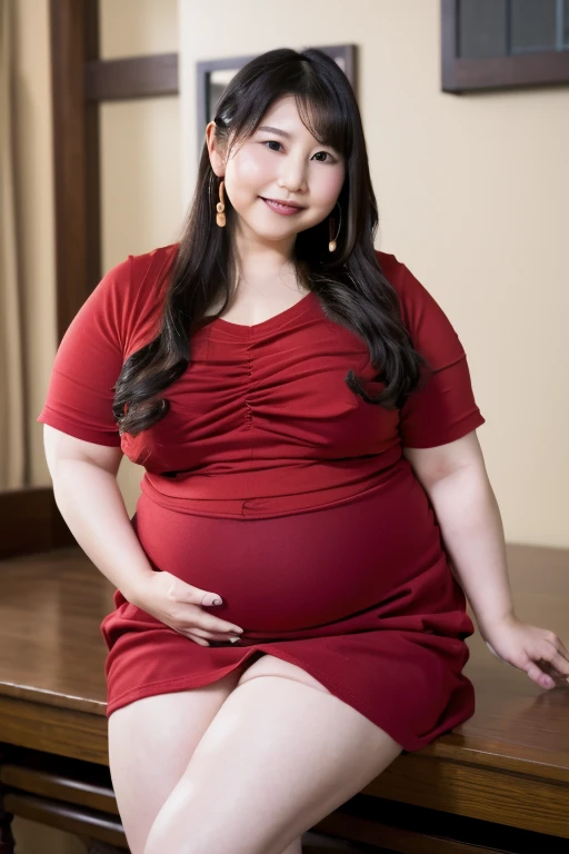 a close up of a woman with a large 배 and a red top, her 배 is fat and round, 배 exposed, fat 배, she has a jiggly fat round 배, pregnant 배, visible 배, folds of 배 flab, 배, 큰 배, 부푼, bouncy 배, 반신 자르기, big 배, 중간 샷 허리까지