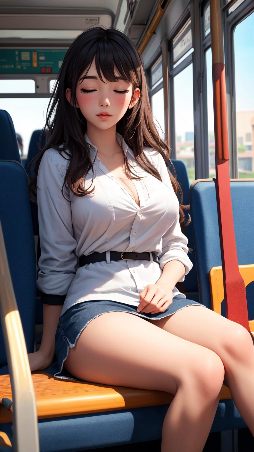 ((Extreme exposure))(High-definition image quality)極Realistic skin texture、High definition face(brown、Very long straight hair、Hair behind the ear、Beautiful moist brown hair、Smooth Hair)((Bright smile、Embarrassed expression))、Gaze(sexyな25歳の女の子、Idol Makeup、Eyeliner)(Fair skin)(Sparkling eyes)Smooth Skin、Realistic skin texture ((White knit off-the-shoulder、Short length、Cleavage、Super big boobs)) ((Extremely short denim miniskirt、damage、Super tight、small、Ultra low rise))))A well-proportioned and perfect body、Beautiful armpits、On the position of the chest、Round big breasts、Beautiful valley、Ultra-thin waist、Waistline、Long legs、Glitter High Heels((((on the train、Sit erotically))))(((((sexy、Medium full shot from below))))))View angle from below