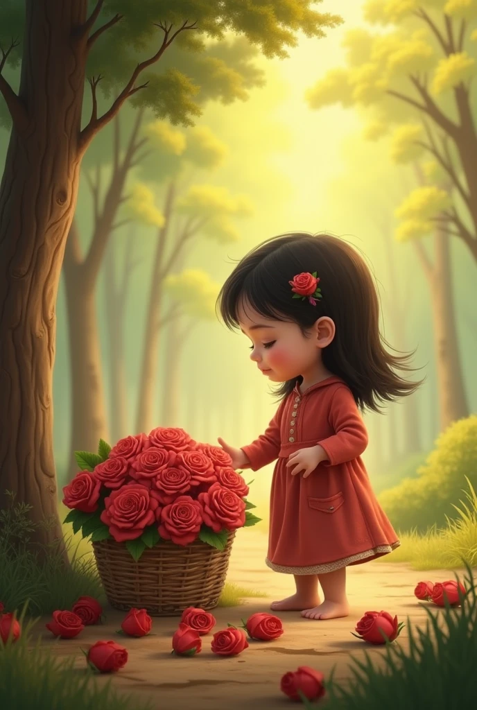 an eight year old girl with chocolate colored hair without bangs with medium length hair, It is in his grandfather's orchard , She is surrounded by many flowers but she is talking to a rose