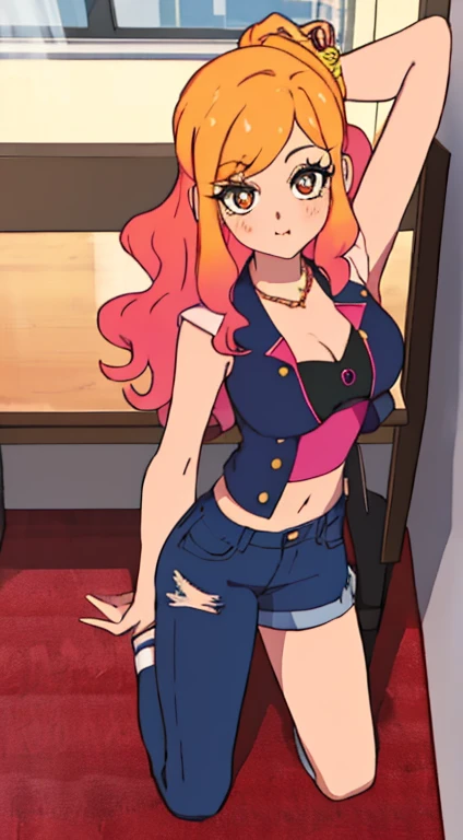 A smug narcissistic pink haired woman wearing a pink bra and blue pants and lots of jewelry flaunting herself