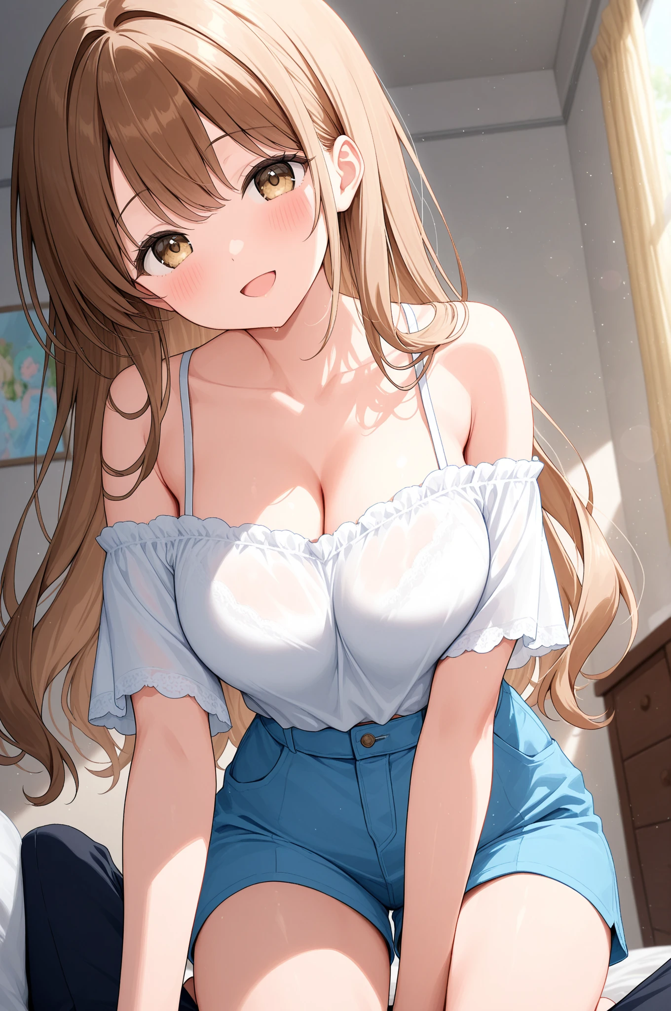 Highest quality, Soft Light, Ultra-high resolution,young woman, alone, sexy, (An inviting smile), (Pale yellow eyes), Beautiful face in every detail,(High resolution detail of human skin texture), (Brown curly medium length hair), White sportswear,Blue tennis skirt,Lean forward and look at the viewer,(Sweat:1.3)