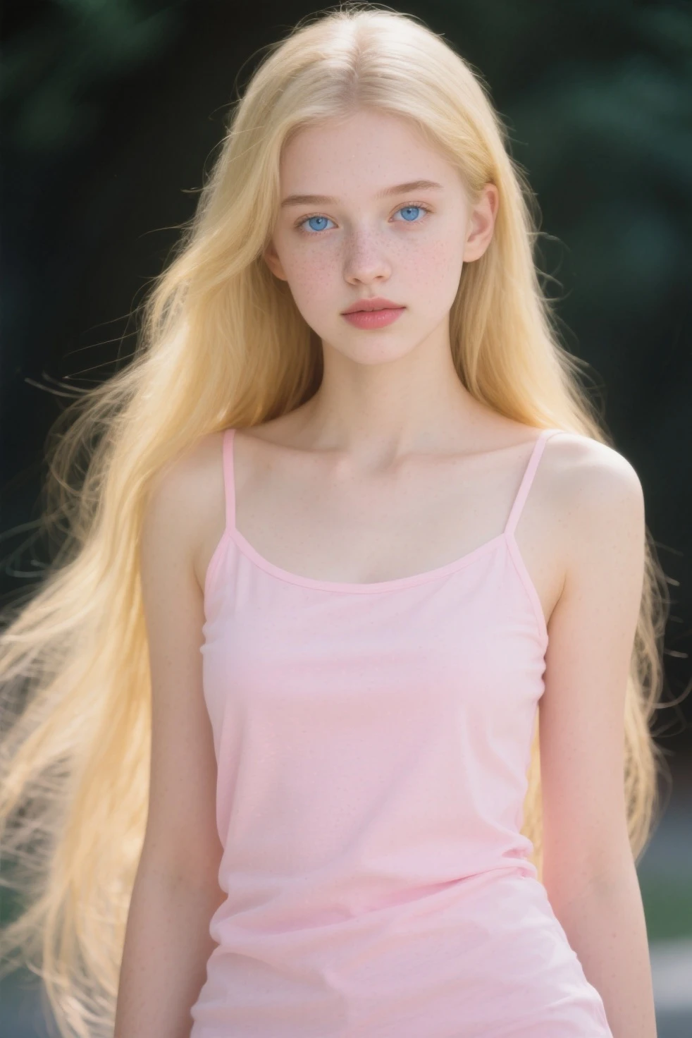 from below a girl, full body 16 y.o. trashy girl, ginger girl very pale skin full of freckles, very thin, very very large puffy ears, big long nose,flat stomach,(pink hairpins in her hair) and two pigtails on the deserted island after a shipwreck, soft lighting, dreamy atmosphere, light pastel colors, delicate bokeh, david hamilton style, high quality, intricate details, cinematic lighting, film grain, muted tones, warm tones, gentle smile, long hair, natural beauty, graceful pose, serene expression, lush foliage, outdoor setting, peaceful, romantic, feminine