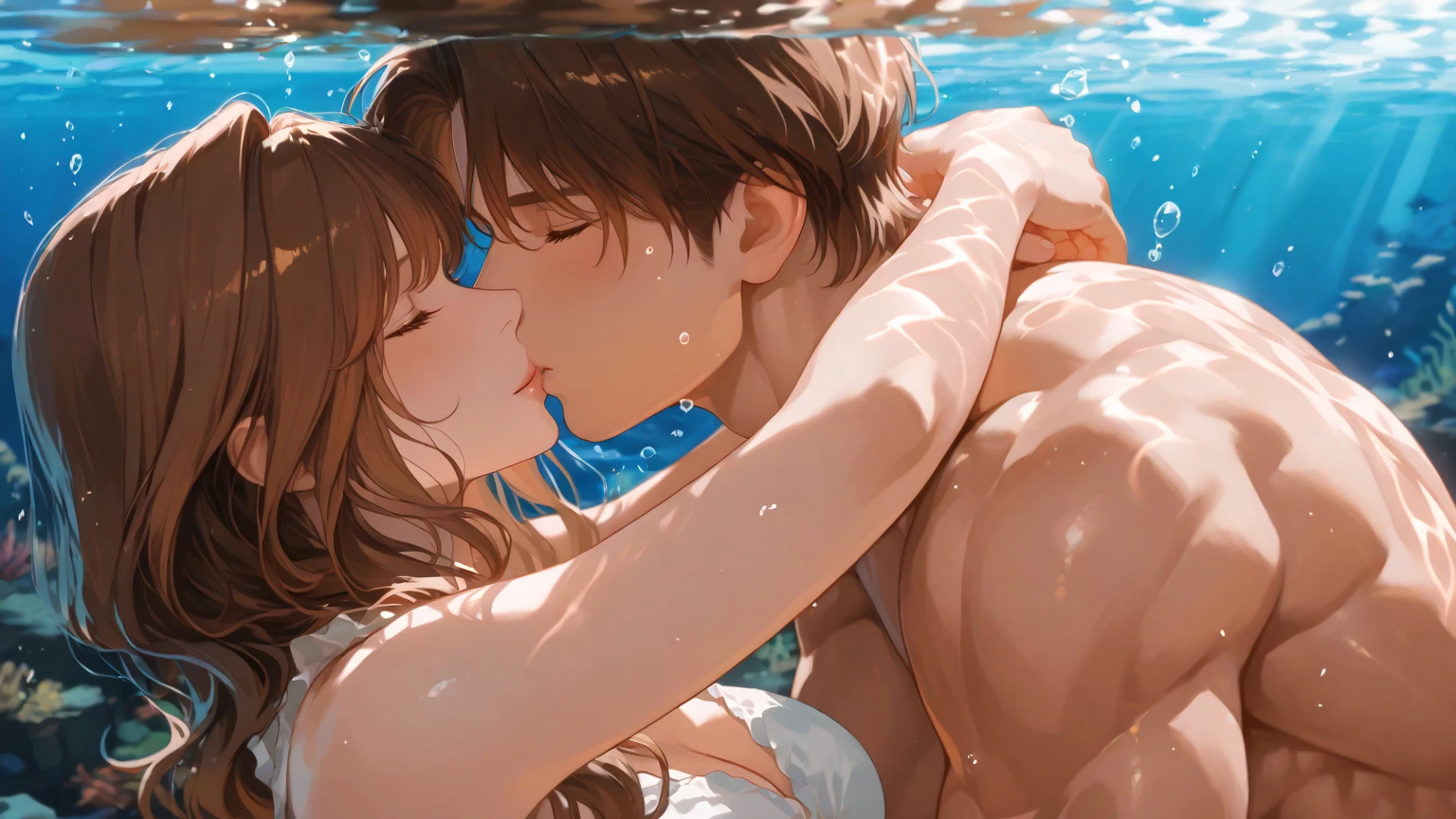 score_9, score_8_up, score_7_up, score_6_up, source_anime, masterpiece, best quality, very aesthetic, uncensored, 1girl, 1boy, (kissing lips), (no_tongue), cute face, round breasts, small breasts, soaking in the bathtub, seductive, voluptuous, short hair, brown hair, pubic hair, excessive hairy pussy, sex, pussy juice, moaning, penis in pussy, (hand touch breast:1.4), bathroom, window