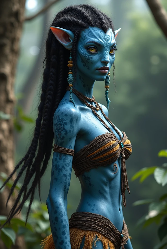 avtr:0.9, avatar style, from the waist up body photo:1.6, 1girl:1, female, (asian, japanese), gray skin color:1.0, (gray skin tone:1.3), (short hair:1.0), black hair color, (teen), teenage, wearing tribal clothing, wearing a top:1, wearing a loincloth, detailed eyes, toned body, muscled body, glowing, ethereal atmosphere, natural lighting, textured skin, otherworldly beauty, mesmerizing photography, (best quality, highres), vivid colors, ultrarealistic, skin details, striped skin, sfw, face close-up, (eyebrowless:1.0), ultradetailed body