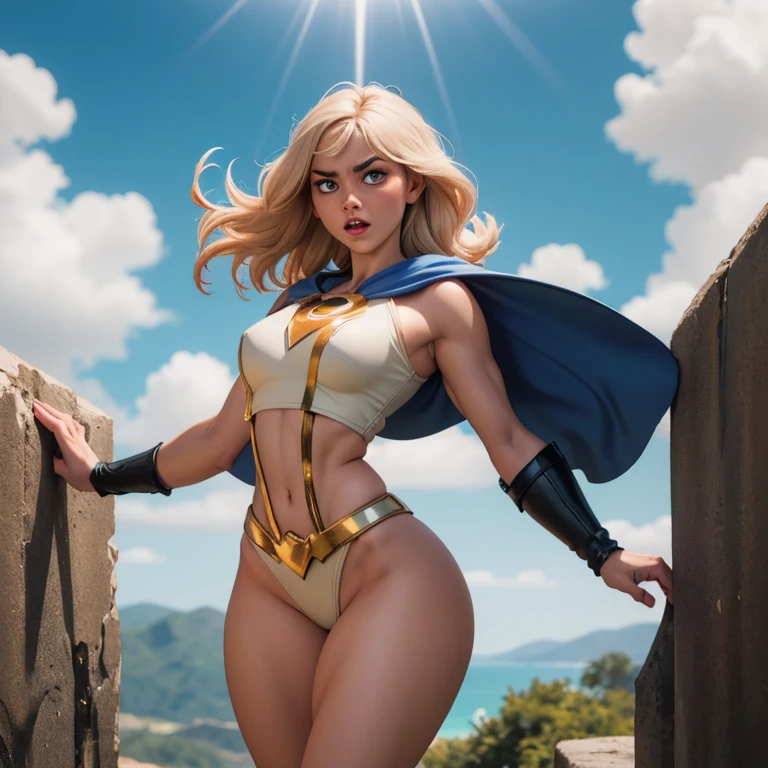 extremely long hair , ponytail, perfect anatomy 1 girl tall solo, slim thick, ((muscular)) high elf toned body, silver breast plate, blue cape, slendered abs, hourglass waist, detailed face, defined cheekbones, puffy lips, gauntlets, gold crown, shadow over eyes, looking at viewer, masterpiece, white thigh highs lingerie, high heels