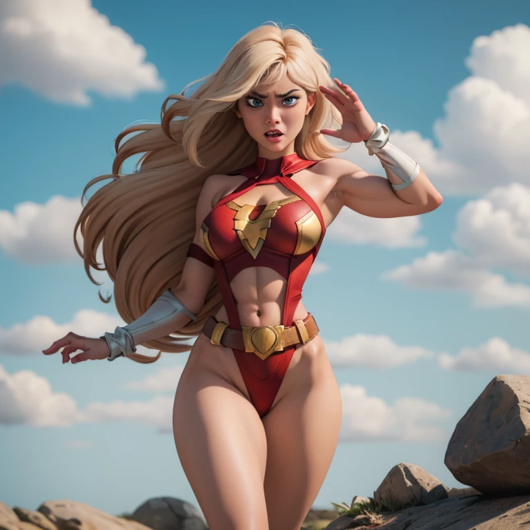 (Muscular:2), (thick thighs:2),
(blonde female:1.3), supergirl, (big smile:1.4), (android 18 haircut),
earrings, lipstick, eyeshadow,
(hard nipples:1.2),
(small red cape:1.3), (pleated skirt:1.6), (tanktop, midriff:1.2), choker,
(looking at viewer:1.6), (three quarter view), (upper body view:1.9), lowlegp,
(floating in midair, sky and clouds background:1.3), rim lighting, two tone lighting, dim lighting, bokeh, detailed skin, detailed eyes