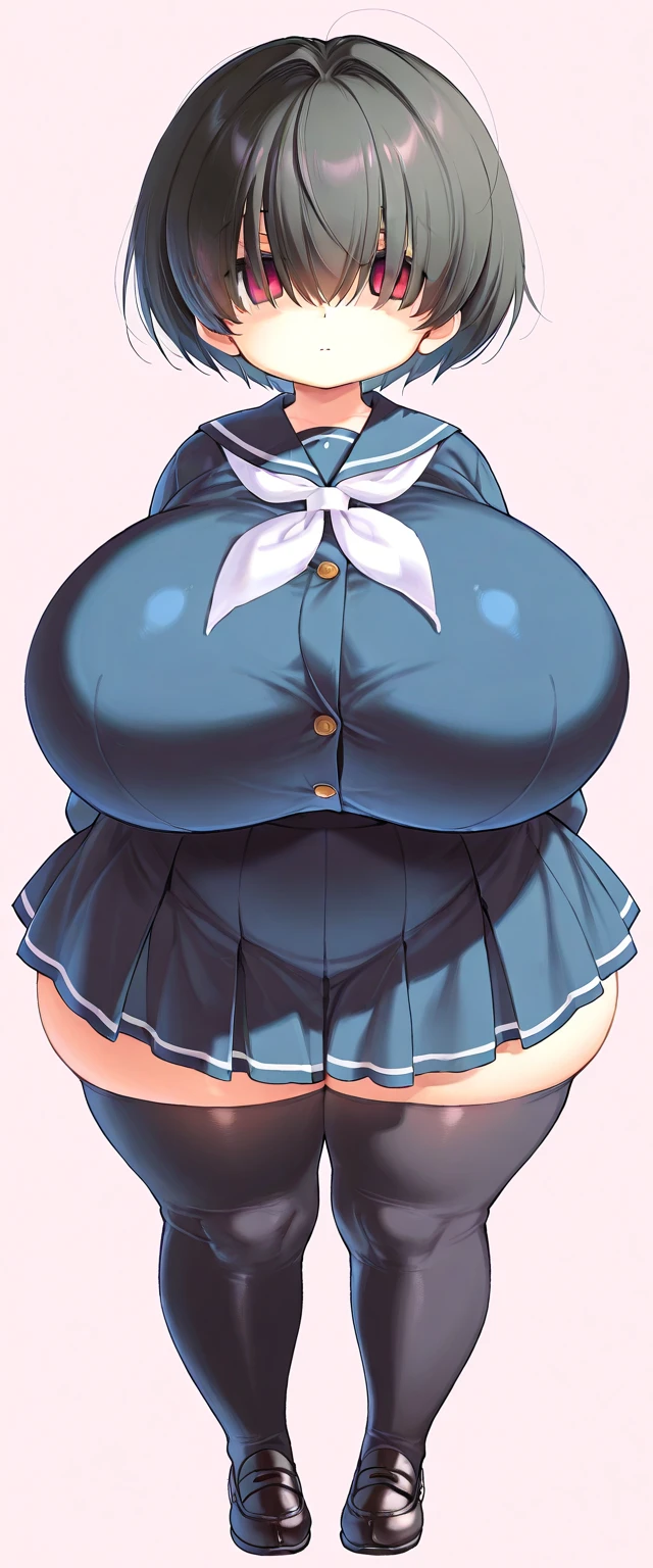One Girl,Precise five fingers、{Knee-high socks}、(((Wide Hips)))、 (((plump and thick thighs)))、((Big Ass))、(Big Breasts) Embarrassed look,Short Stack、whole body、Sexy pose。blue eyes、Black Hair、quite long hair、Hair between the eyes、Hello、choker、Idol Costumes、Sailor collar、Included sleeve、corset、Pleated skirt、Frilled Skirt