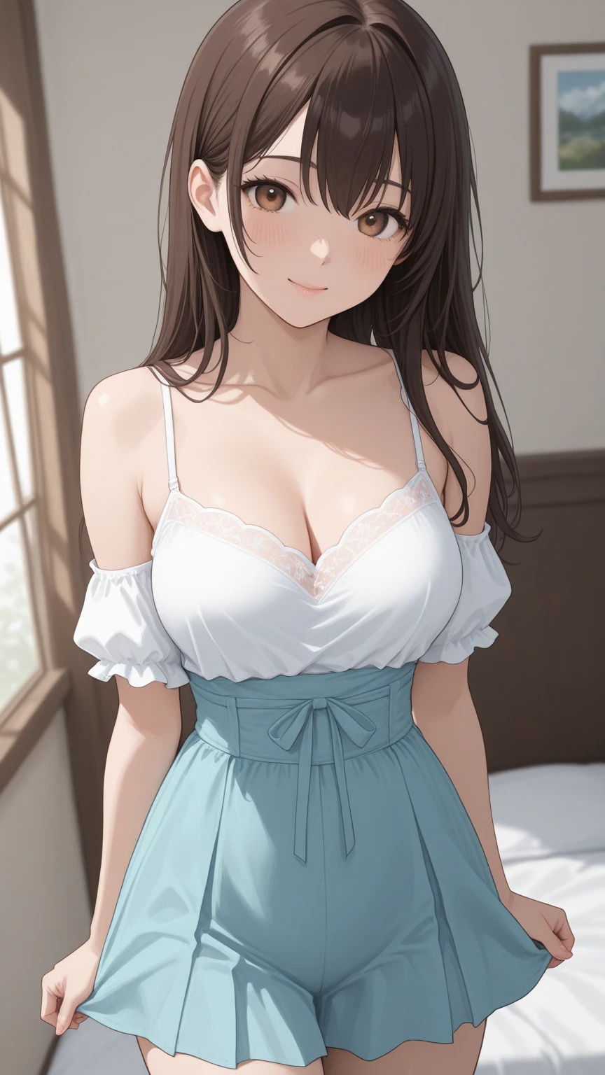 masterpiece, best quality, high quality, 1girl, wavy hair, long hair, detailed, curvy, blush, freckles, red hair, grey eyes, cleavage, cute, bluesparklebg, dress, frills, light blue dress, dress, white dress, off-shoulder dress, wedding dress, ballgown,