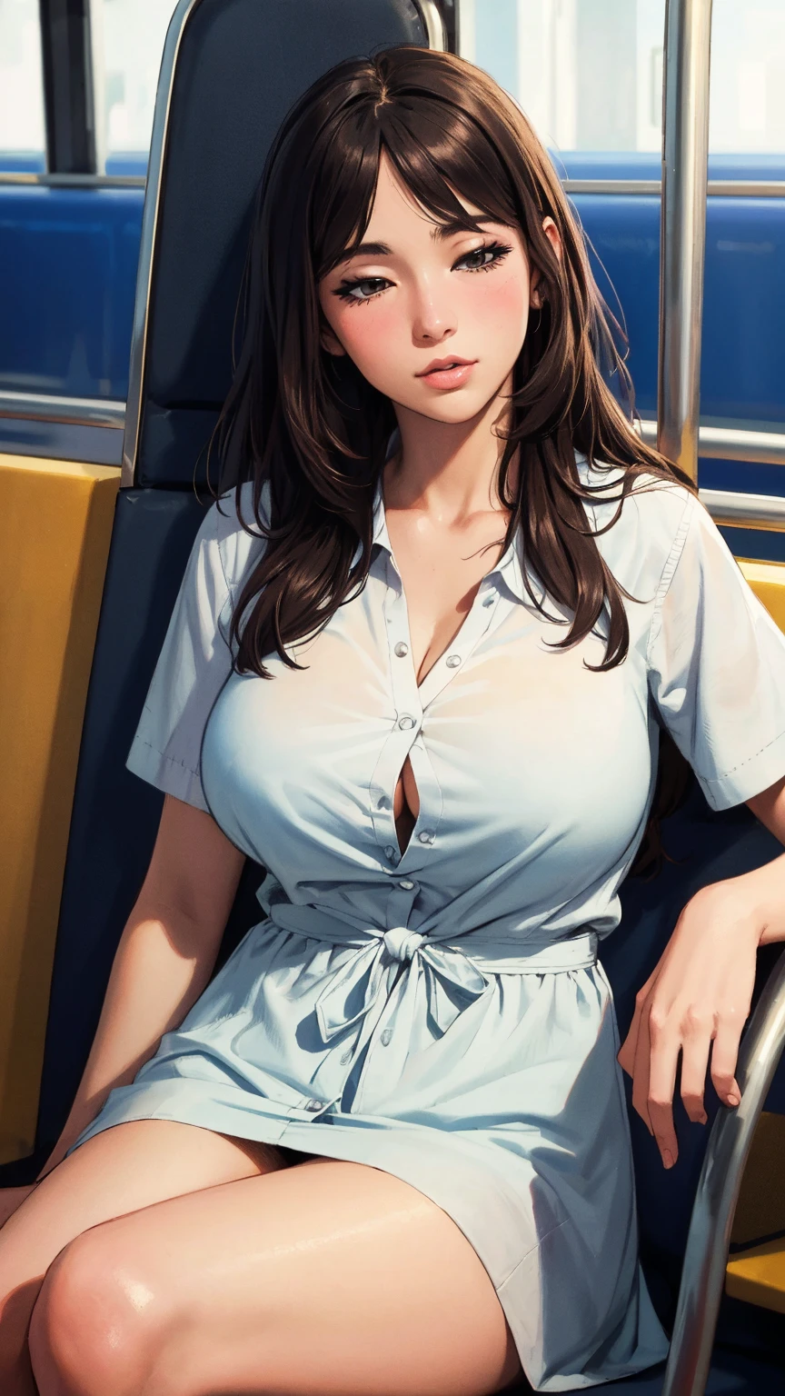 (masterpiece, best quality, perfect anatomy, nice hands:1.2, 1girl:1.2, solo:1.3, illustration:1.2), official art, unity 8k wallpaper, ultra detailed, beautiful and aesthetic, realistic, medium hair, bob cut, braid, mole under eye, (school uniform:1.2), (kneehighs:1.1), classroom, from below, leaning back, flying button, huge breasts, sidelighting, blue sky